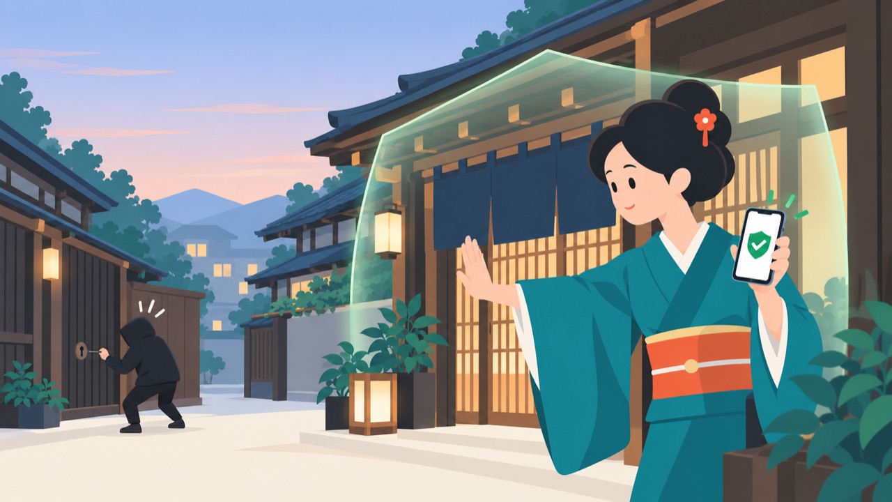 旅館の入口で、裏口に細工しようとする人影を女将が手で制している絵。手のスマホには盾のマーク